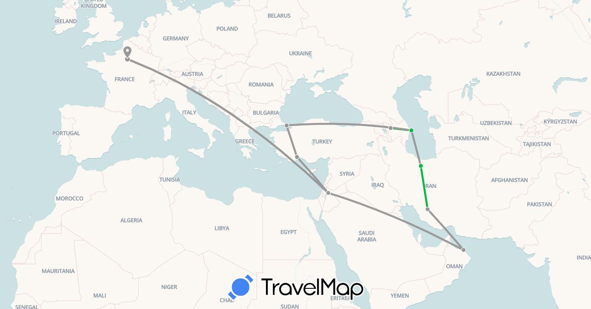 TravelMap itinerary: driving, bus, plane in Azerbaijan, France, Iran, Jordan, Oman, Turkey (Asia, Europe)